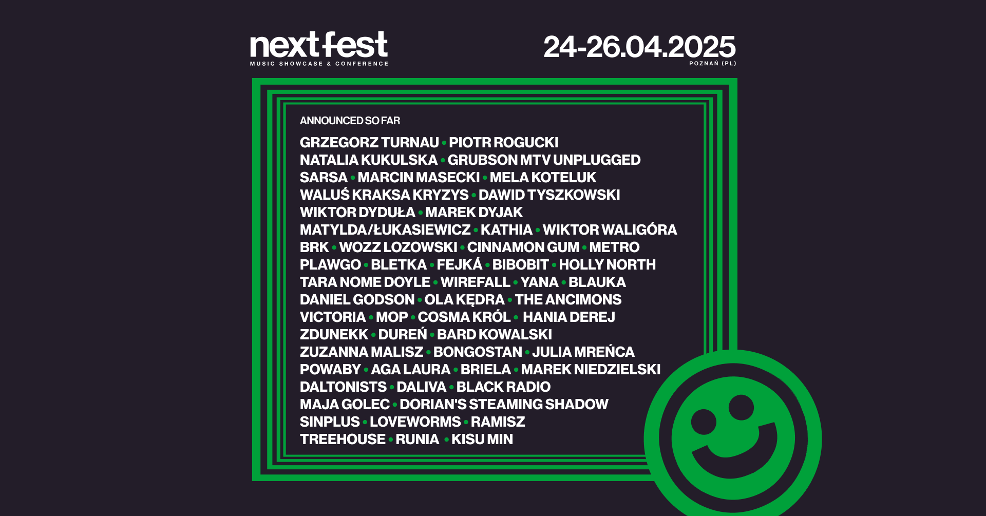 Grafika z logotypami Next Fest oraz nazwiskami artystów i datami