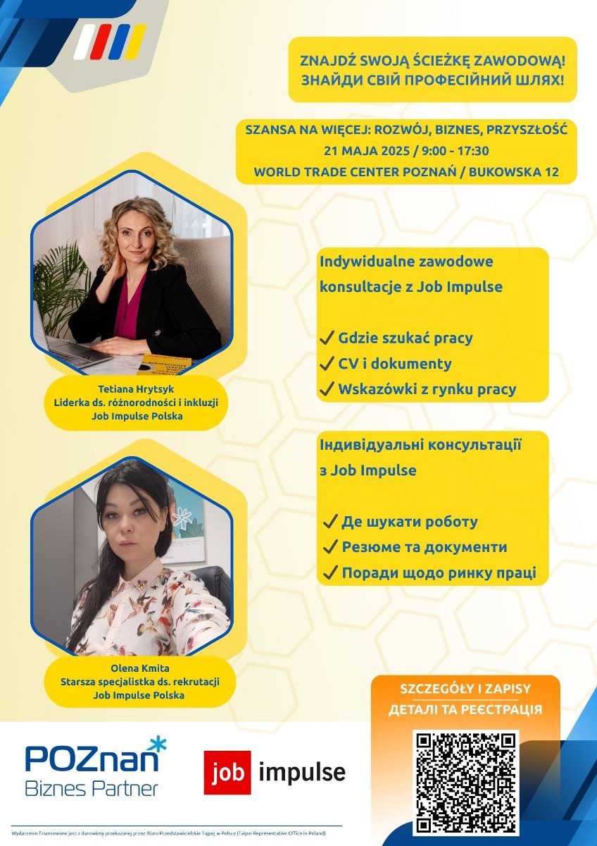 Grafika zapraszająca do zapisów na Indywidualne sesje coachingowe w ramach konferencji dla Obywateli i Obywatelek Ukrainy. Na grafice widnieją zdjęcia konsultantek z Job Impulse