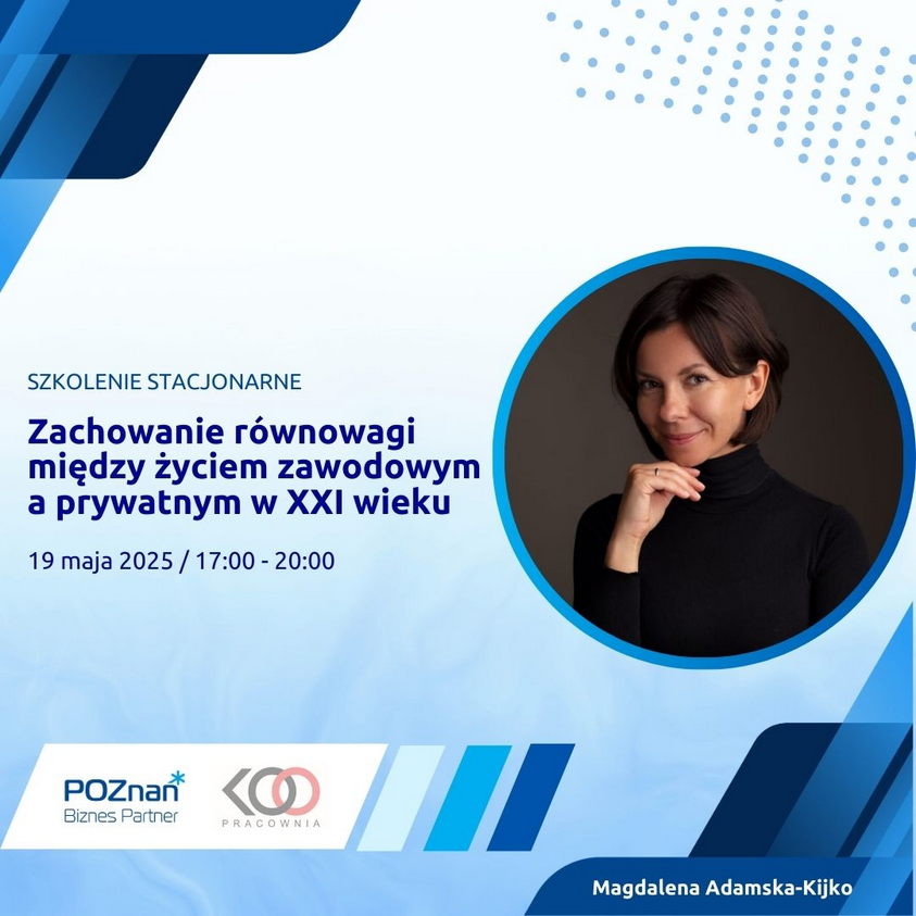 Grafika zapraszająca do zapisów na szkolenie. Na grafice trenerka - Magdalnena Adamska-Kijko. Zdjęcie na niebieskim tle