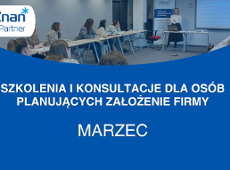 Grafika zapraszająca na marcowe szkolenia dla osób planujących założenie firmy