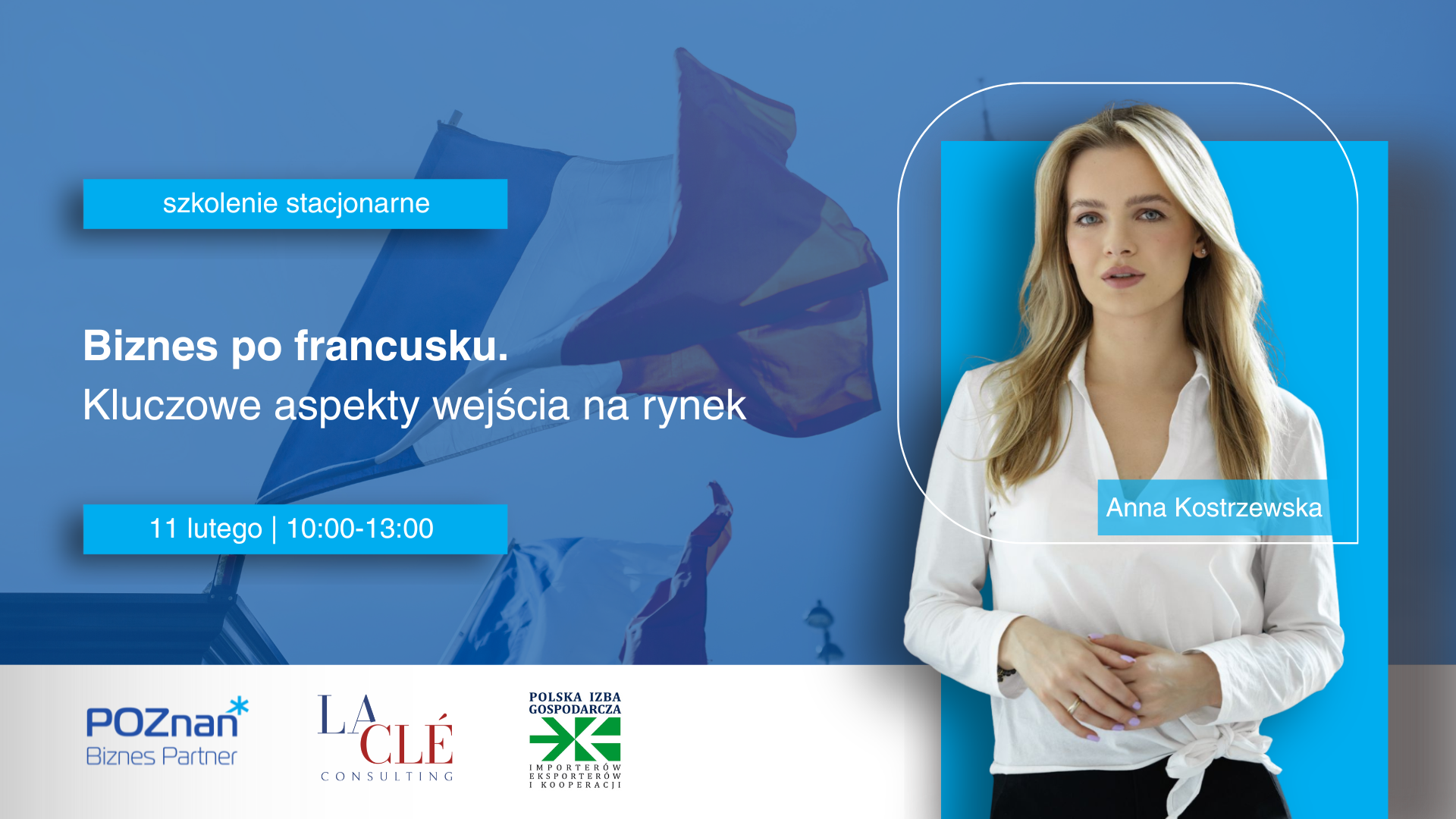 Grafika zapraszająca na szkolenie Biznes po francusku. Kluczowe aspekty wejścia na rynek.