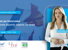 Grafika zapraszająca na szkolenie Biznes po francusku. Kluczowe aspekty wejścia na rynek.