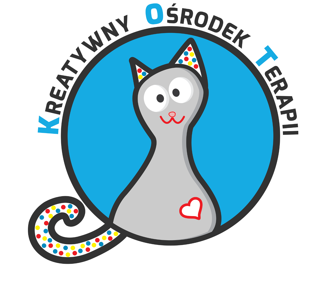 Szary kot z ogonem i uszami w kolorowe kropeczki na niebiekim tle w kształcie koła z czarną obramówką. Nad napis: Kreatywny ośrodek terapii".