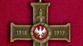 Wielkopolski Krzyż Powstańczy na środku Orzeł biały z okresu Powstania Wielkopolskiego. Na pionowym ramieniu krzyża miecz, a na poziomych "1918" "!919".