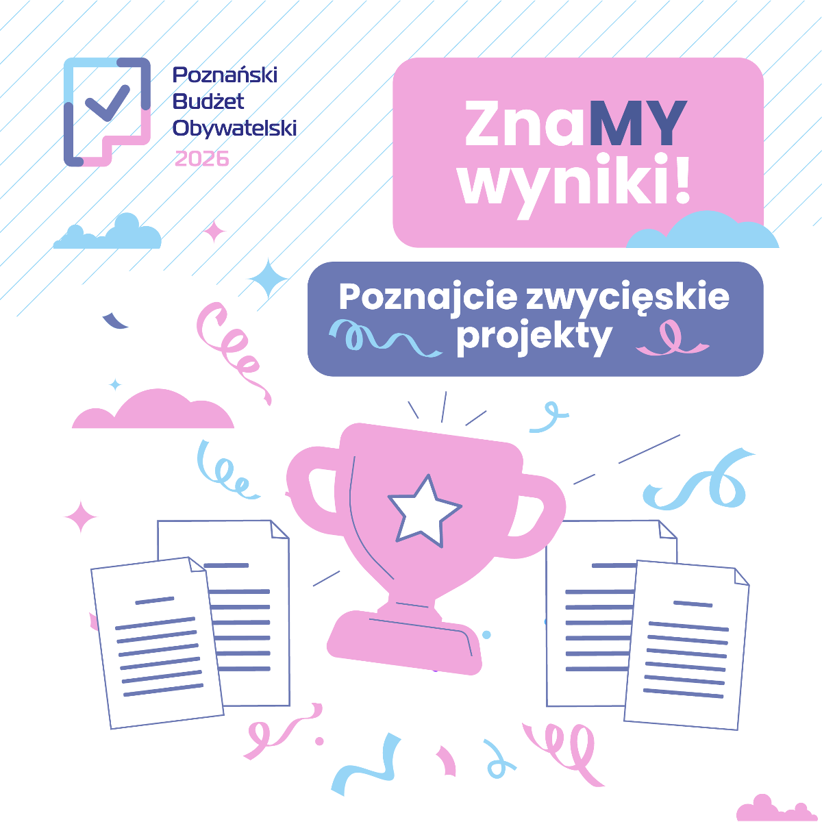 Hasło "ZnaMY wynki! Poznajcie zwycięzkie projekty". Na grafice widać puchar, który otaczają karty do głosowania i konfetti. W lewym, górnym rogu umieszczono logotyp Poznańskiego Budżetu Obywatelskiego 2026.