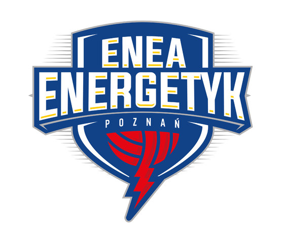 Herb Energetyka Poznań - biały napis Enea, pod spodem również biały Energetyk i w trzecim rzędzie Poznań na niebieskim tle, a na samym dole motyw czerwonej piłki siatkowej