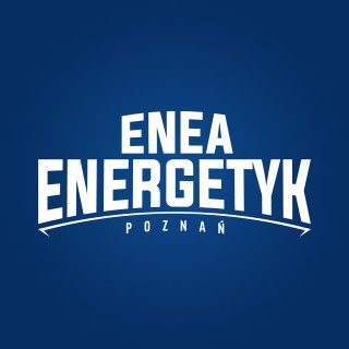 Herb Energetyka Poznań - biała nazwa klubu na niebieskim tle