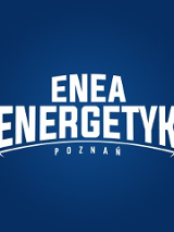 Herb Energetyka Poznań - biała nazwa klubu na niebieskim tle