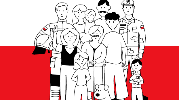 Ilustracja przedstawia grupę osób - dorosłych, dzieci oraz przedstawicieli służb mundurowych (strażaka i żołnierza) - stojących razem na tle flagi Polski.