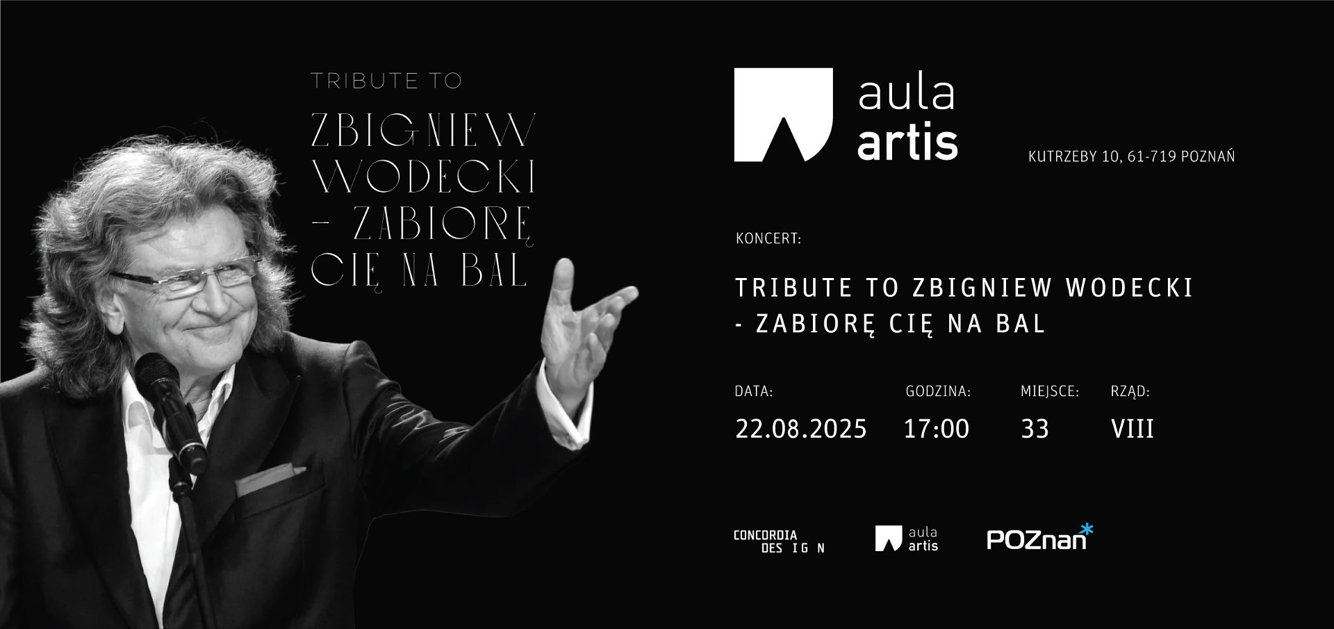 Ilustracja przedstawia zdjęcie artysty Zbigniewa Wodeckiego na czarnym tle oraz informacje o bezpłatnym koncercie zapisane białymi literami