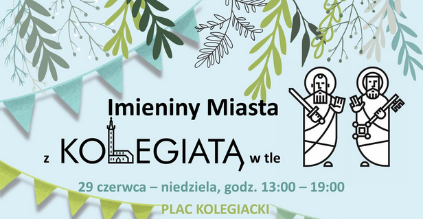 Nazwa wydarzenia, data i miejsce na jasnoniebieskim tle. Po prawej postacie świętych Piotra i Pawła trzymające w dłoniach klucz i miecz.