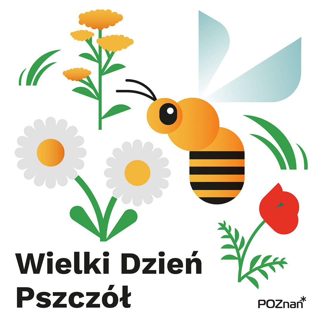 Pszczoła wśród 3 kwiatów i napis Wielki Dzień Pszczół