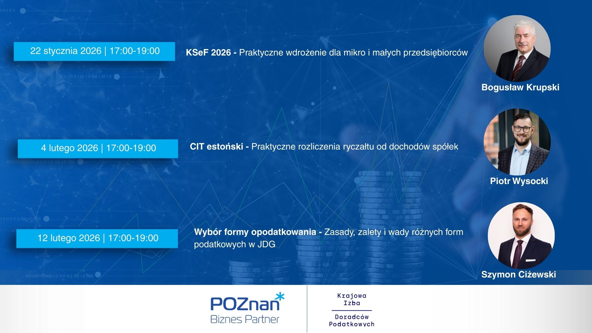 Informacja o bezpłatnych szkoleniach podatkowych. W tle wykresy oraz pieniądze