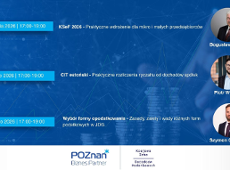 Informacja o bezpłatnych szkoleniach podatkowych. W tle wykresy oraz pieniądze
