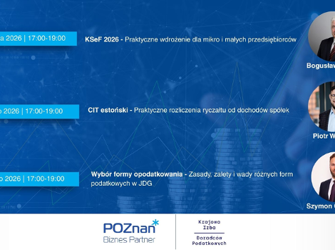 Informacja o bezpłatnych szkoleniach podatkowych. W tle wykresy oraz pieniądze