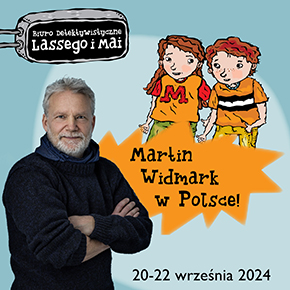 Plakat, zdjęcie Martina Widmarka, obok rysunek dwójki dzieci - bohaterów książek Widmarka, napisy informujące o wydarzeniu.