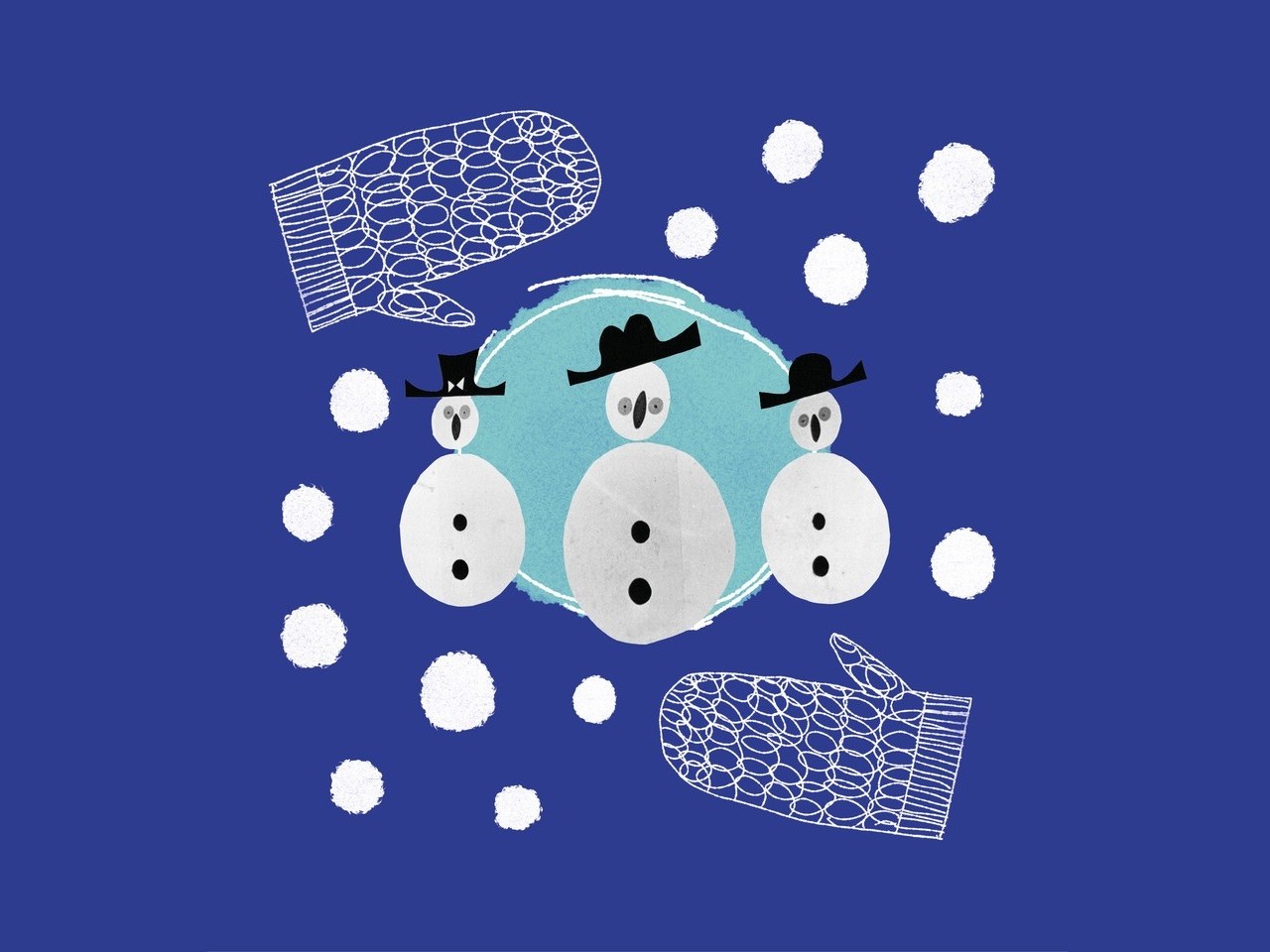 Grafika na granatowym tle przedstawiająca trzy postaci - bałwanki, umieszczone w centralnym, turkusowym okręgu. Wokół widoczne są białe kropki przypominające śnieg oraz ilustracje jednopalczastych rękawiczek.