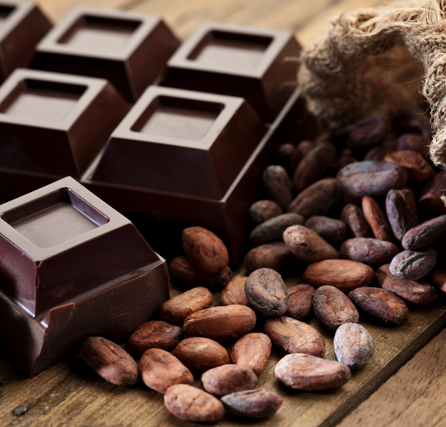 Kawałeki czekolady i ziarna kakao.