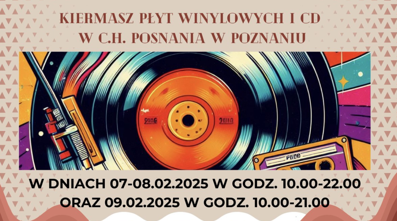 Plakat, który promuje kiermasz płyt winylowych i cg w C.H. Posnania w Poznaniu. Na zdjęciu grafika adapteru z płytą winylową.