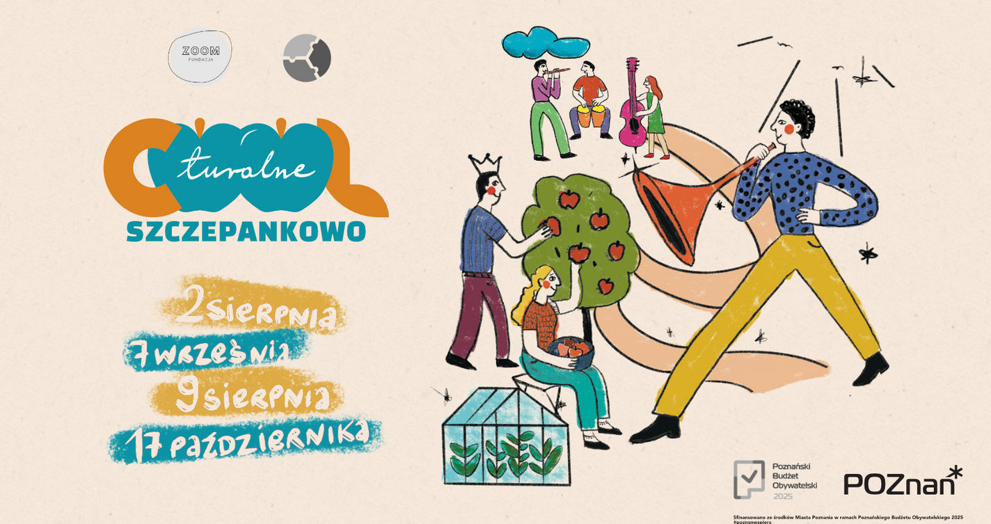 Plakat, któy reklamuje projekt kulturalne Szczepankowo. Rysunkowe postacie przedstawiają osoby, grające na różnych sprzętach muzycznych. Obok napisy, które informują o wydarzeniu.