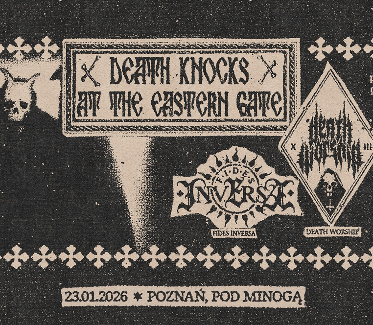 Ziarnisty czarno‑beżowy plakat metalowy z napisami Death Knocks at the Eastern Gate, logotypami zespołów i informacją o koncercie: 23.01.2026, Poznań, Pod Minogą.