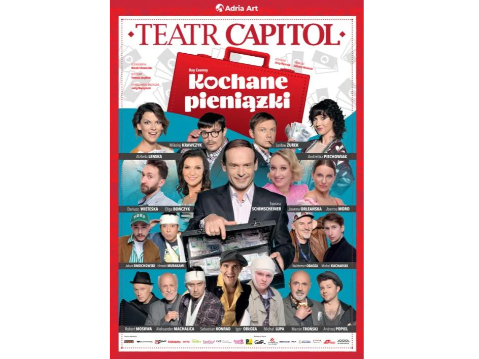Plakat spektaklu teatralnego o tytule Kochane pieniążki, generalnie wrzucili tu zdjęcia wszystkich aktorów i aktorek ze spektaklu, czyli dużo.