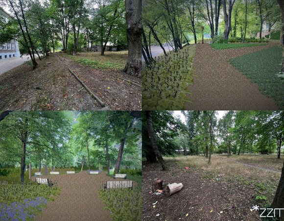 Kolaż. Widać na nim dwa zdjęcia obecnego skweru - zaniedbane alejki z drzewami wokół oraz dwie inforgrafiki przedstawiające zadbane alejki otoczone ławkami i uporządkowaną zieleń.