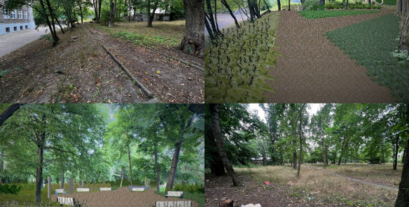 Kolaż. Widać na nim dwa zdjęcia obecnego skweru - zaniedbane alejki z drzewami wokół oraz dwie inforgrafiki przedstawiające zadbane alejki otoczone ławkami i uporządkowaną zieleń.