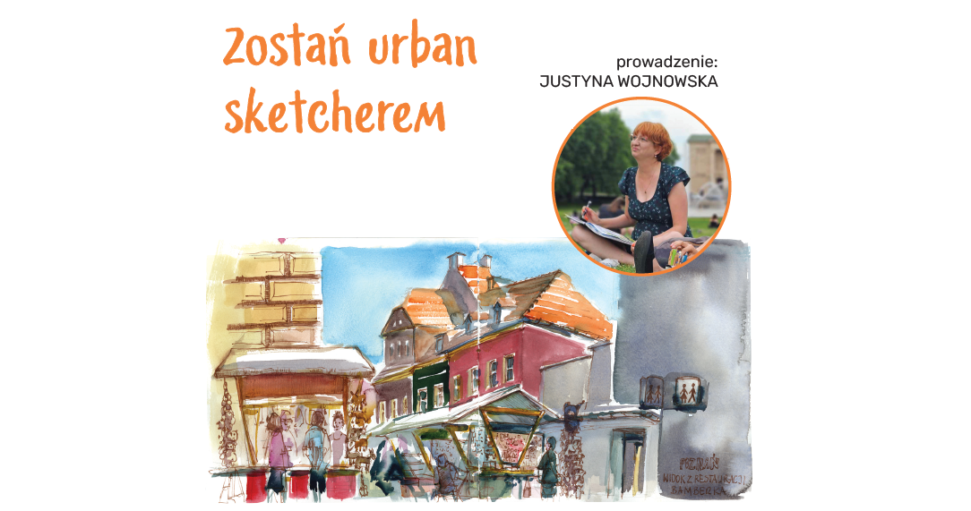 Kolorowe kamieniczki Starego Rynku naszkicowane kredkami. Powyżej w okrągłej ramce siedząca kobieta o rudych włosach.