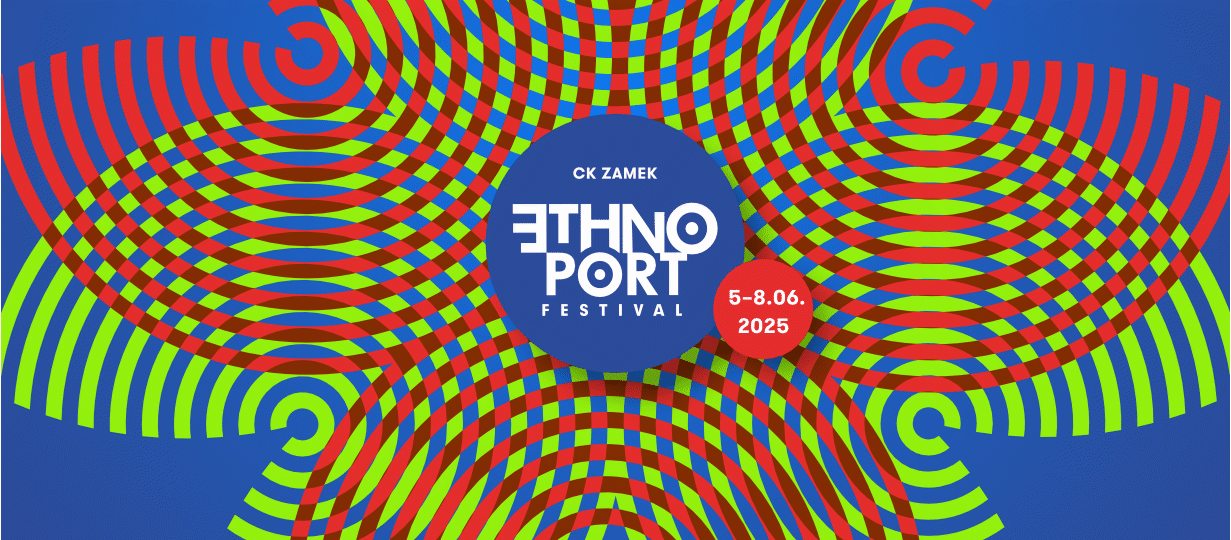 Kolorowy plakat festiwalu z napisem Etno Port