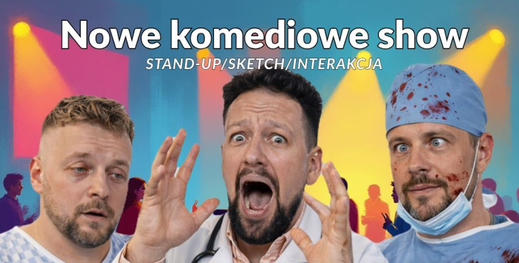 Trzej artyści komediowi z zabawnymi minami.