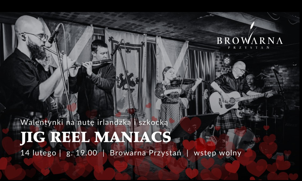 Grupa muzyków na scenie, napisy informujące o wydarzeniu.