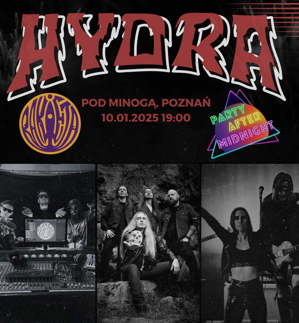 Plakat promujący koncert zespołu Hydra w klubie pod Minogą w Poznaniu, 10 stycznia 2025. Trzy czarno-białe zdjęcia muzyków, nad nimi napisy informujące o wydarzeniu.