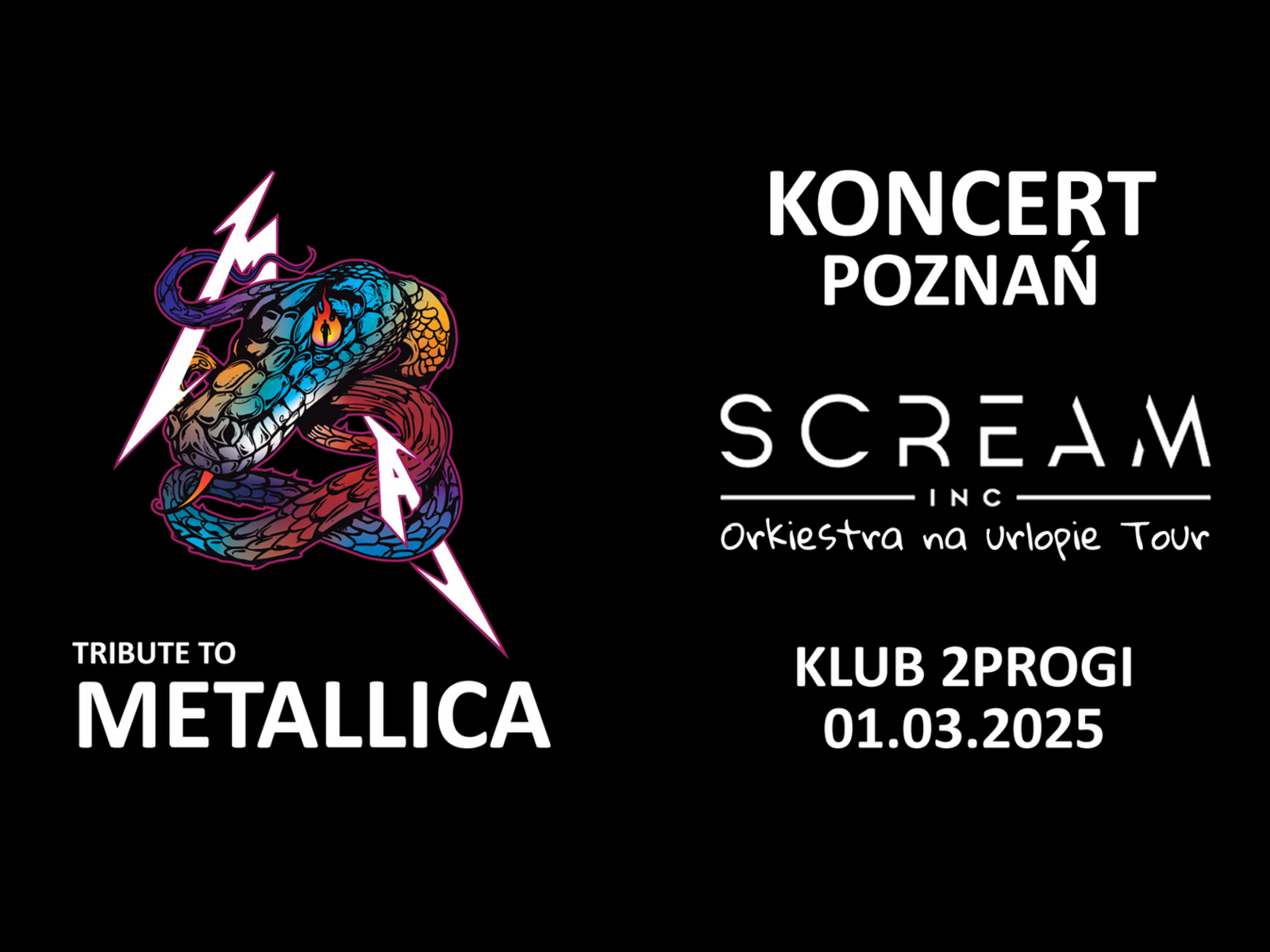 Informacje o koncercie Scream Inc w Poznaniu, logo zespołu, na czarnym tle.