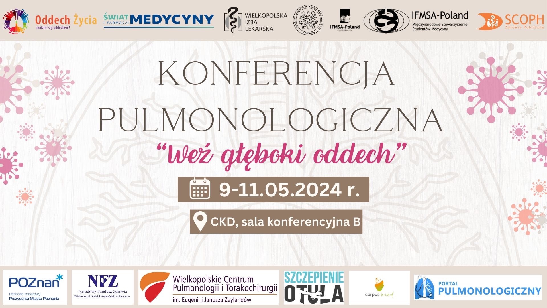 Plakat informacyjny o konferencji pulmonologicznej "Weź głęboki oddech". Na plakacie są informacje o dacie wydarzenia, miejscu i o patronach wydarzenia.