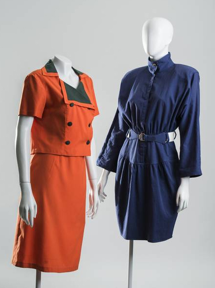 Kostium, Dom Mody Przemysłu Odzieżowego Telimena, proj. Wanda Wyrzykowska- Wierzbowska, l. 60 XX w. oraz Sukienka "All That Jazz", Kalifornia, USA, l. 80 XX w