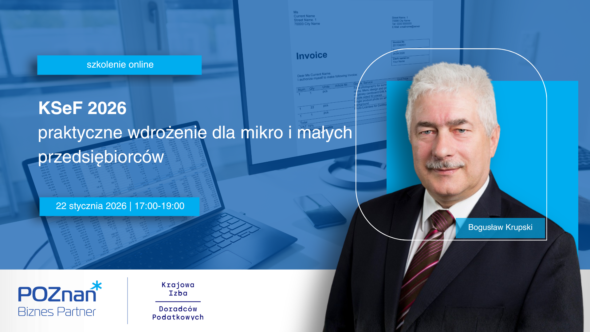 Grafika promocyjna szkolenia. W tle widać w ekranie komputera elektroniczną fakturę.