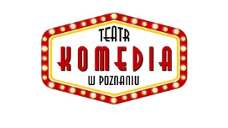 W czerwono-żółtej sześciokątnej ramce napis "Teatr Komedia w Poznaniu".