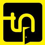 Logo Teatru Nowego: żółte litery "t" i "n" na czarnym tle i zarys uchylonych drzwi; żólta ramka na zewnątrz obrazka.