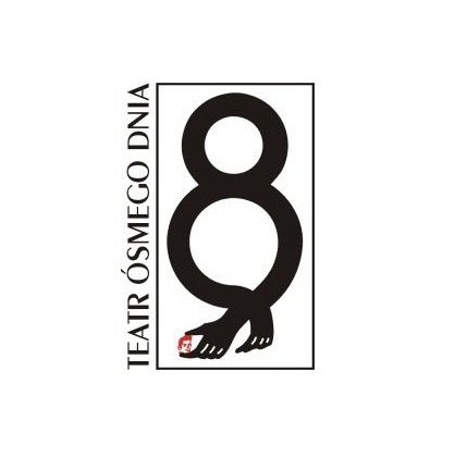 Logotyp Teatru Ósmego Dnia: na białym tle czarna ósemka, mająca u dołu dłonie. Z lewej strony napis Teatr Ósmego Dnia.