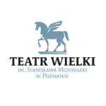 Rysunek Pegaza w szaro-niebieskim kolorze na białym tle. Pod Pegazem napis "Teatr Wielki im. Stanisława Moniuszki w Poznaniu"