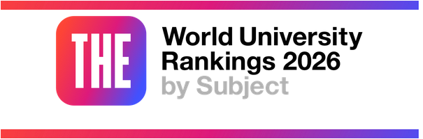 Logo "THE" w gradientowych kolorach oraz napis: "World University Rankings 2026 by Subject".