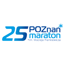 Logotyp 25. Poznań Maratonu im. Macieja Frankiewicza - niebiesko-granatowa nazwa biegu