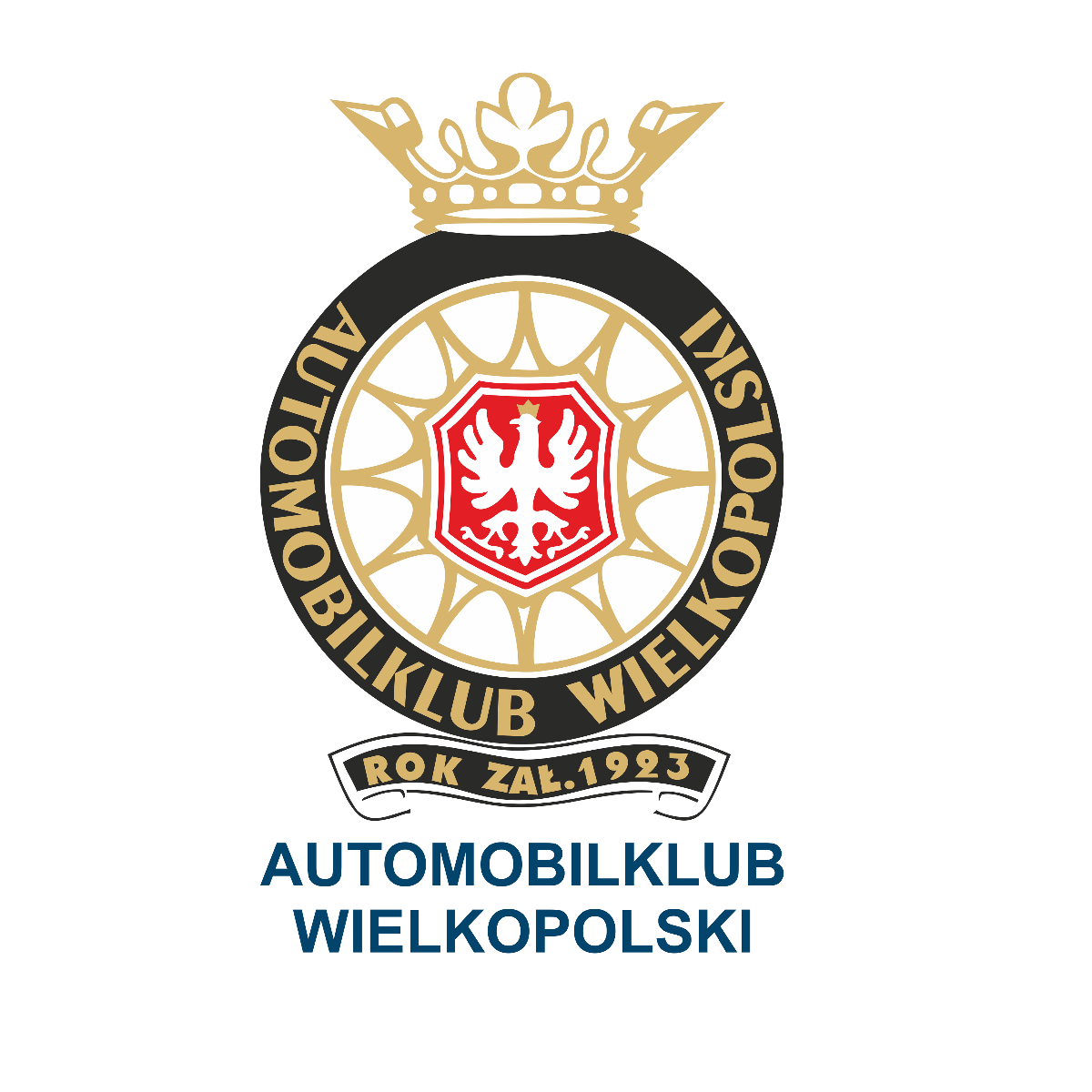 Logotyp Automobilklubu Wielkopolski - biały orzeł w koronie na czerownym tle w środku felgi, felgi w kolorze złotym i złoty napis z nazwą klubu na tle opony