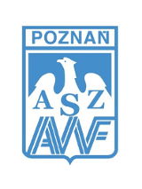 Logotyp AZS AWF Poznań - biały orzeł na niebieskim tle, a w nim niebieski napis AZS AWF