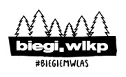 Logotyp Biegi Wlkp.- czarny logotyp z nazwą i biegu i symbolem choinek ponad nim