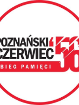 Logotyp Biegu Czerwca '56 - w czerwonym kole na białym tle czarno-czerwona nazwa biegu