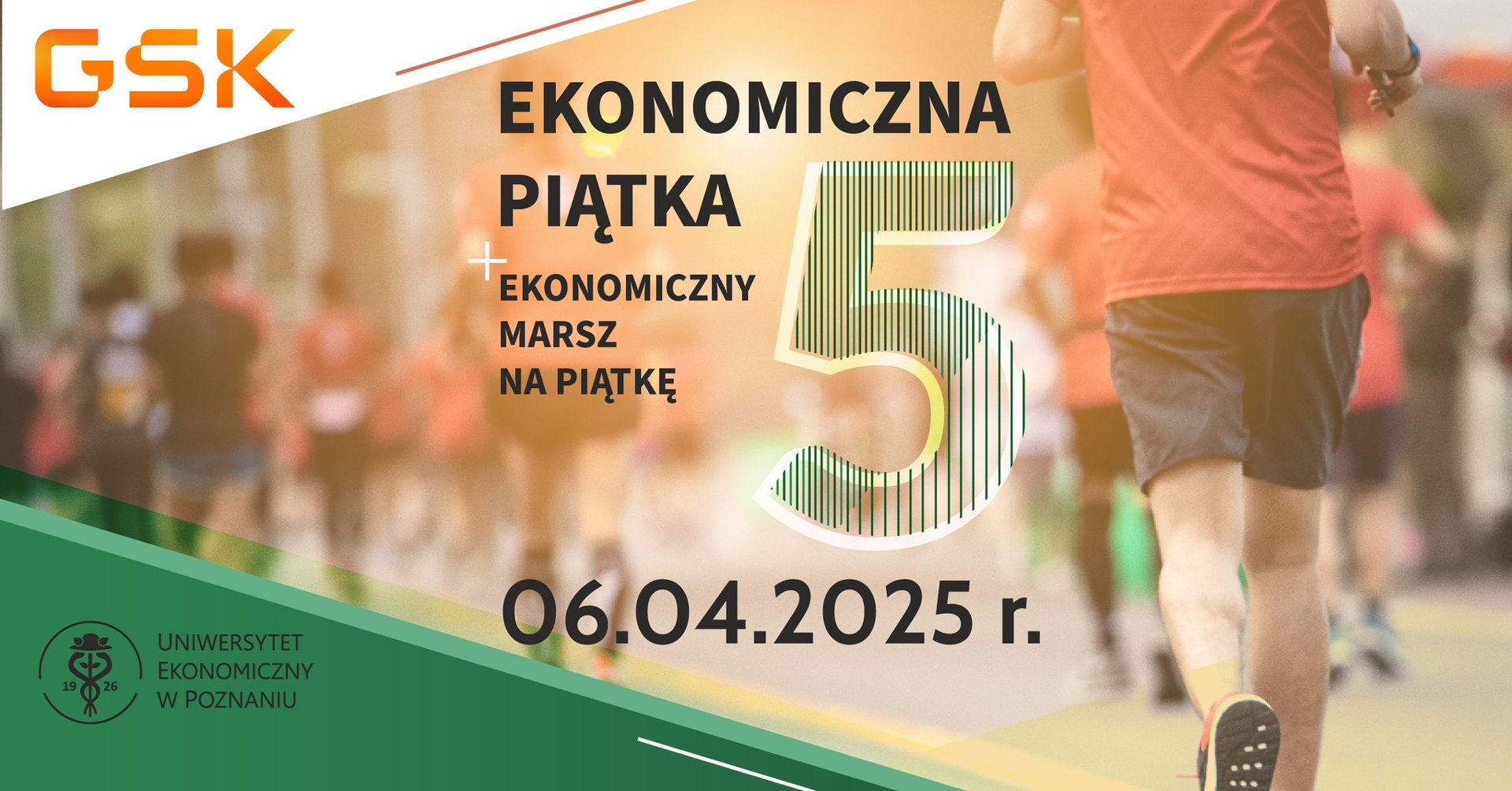 Logotyp biegu Ekonomiczna Piątka - w środku nazwa biegu i termin, a w tle biegnący ludzie. Z lewej dolnej logotyp Uniwersytetu Ekonomicznego na zielonym tle