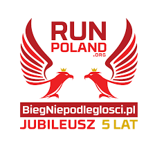 Logotyp Biegu Niepodległości - 2 patrzące na siebie czerwone orły oraz na czerwono nazwy imprezy i organizatora wydarzenia