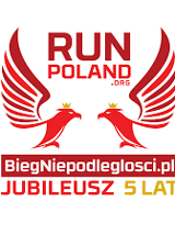 Logotyp Biegu Niepodległości - 2 patrzące na siebie czerwone orły oraz na czerwono nazwy imprezy i organizatora wydarzenia